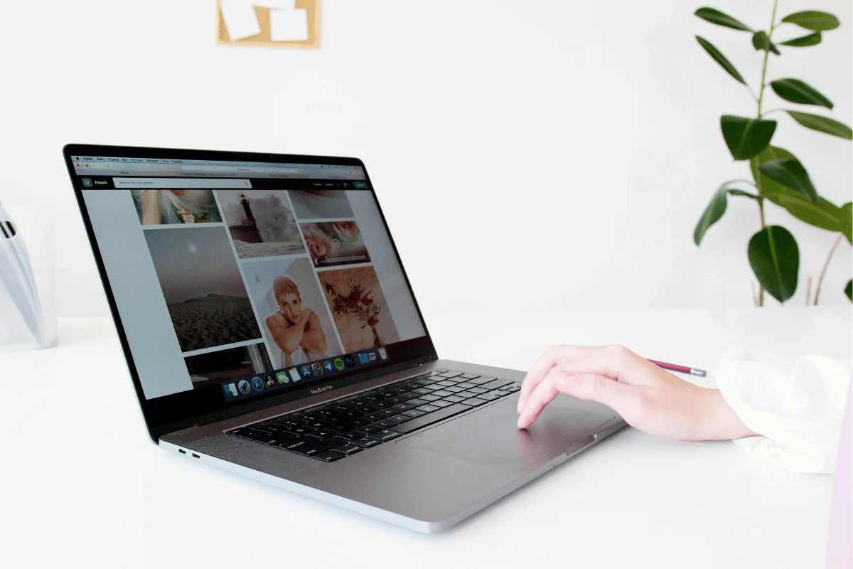 Hand using a laptop to view images in a bright, clean office with a plant.