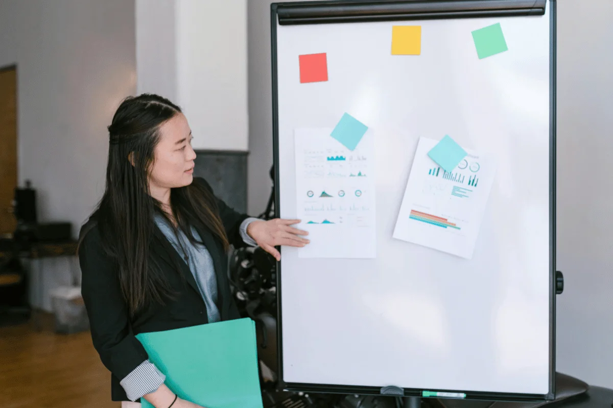 A woman in a black blazer presents data charts on a whiteboard with colorful sticky notes. 
